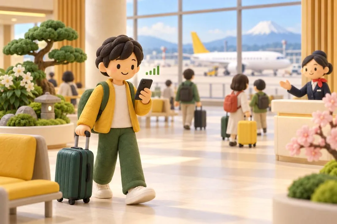 Clay illustration of a smiling traveller in a yellow jacket pulling a green suitcase through a sunny airport hall while checking a phone, with a plane and a snowy mountain beyond the windows and a staff member waving from a desk.