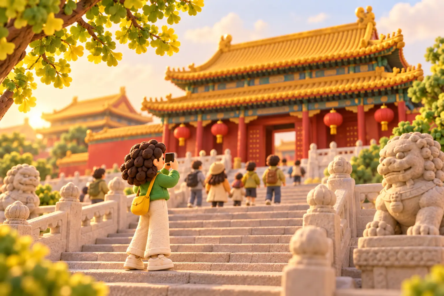 Pemandangan tanah liat pintu istana Beijing dalam emas dan merah, dengan seorang pengembara di tangga.