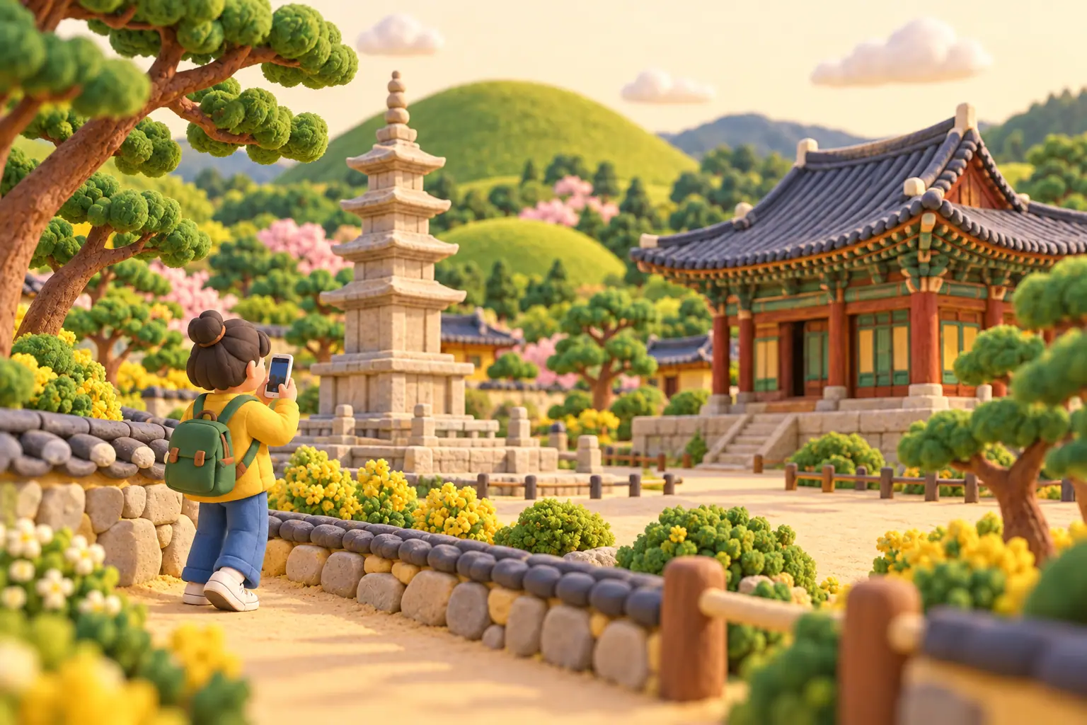 A clay scene of Gyeongju: a stone pagoda and a temple hall among pine trees and burial mounds.