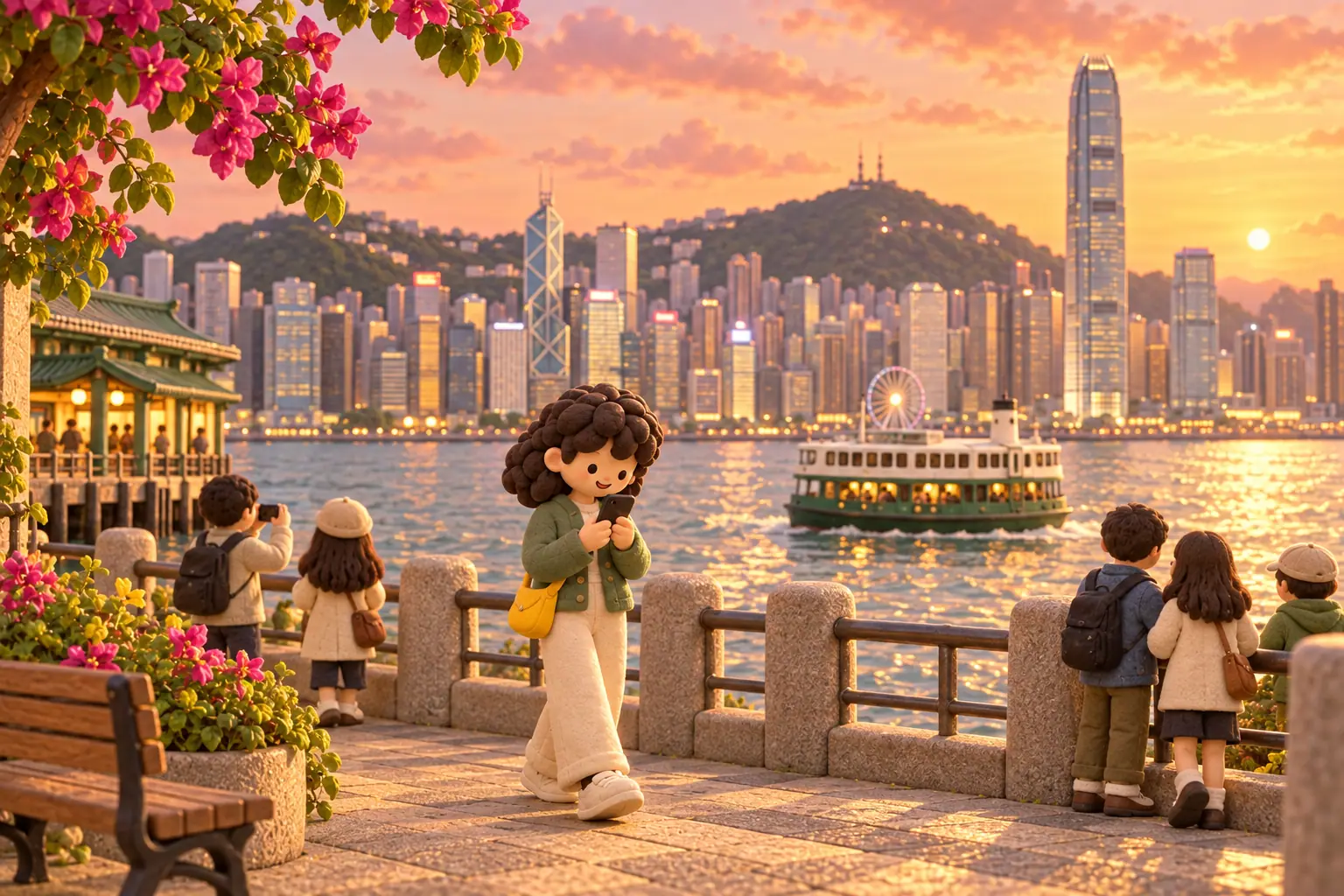 Clay traveller with a phone on the Victoria Harbour promenade at sunset, as a Star Ferry crosses in front of the skyline