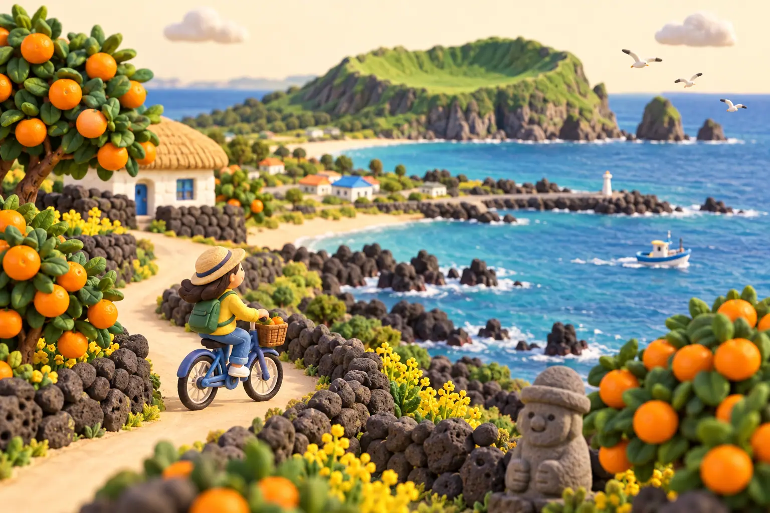 A clay scene of the Jeju coast: black rock walls, tangerine trees and a green crater by the sea.