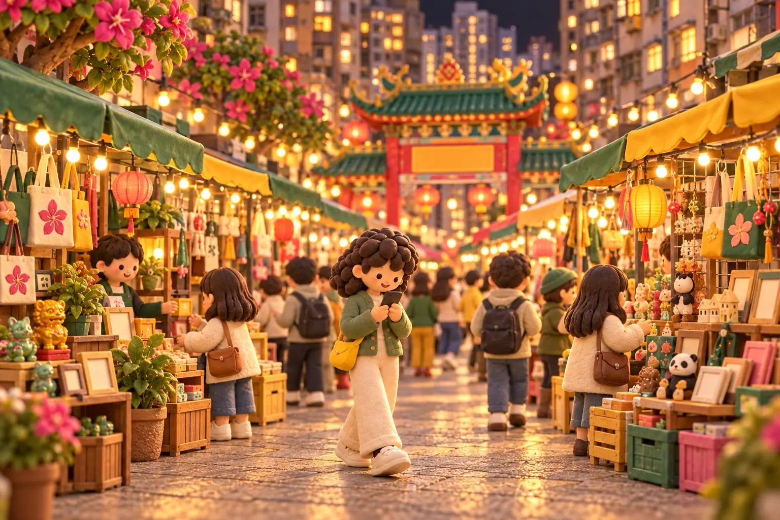 A clay scene of a Kowloon night market: stalls under string lights and a temple gateway.