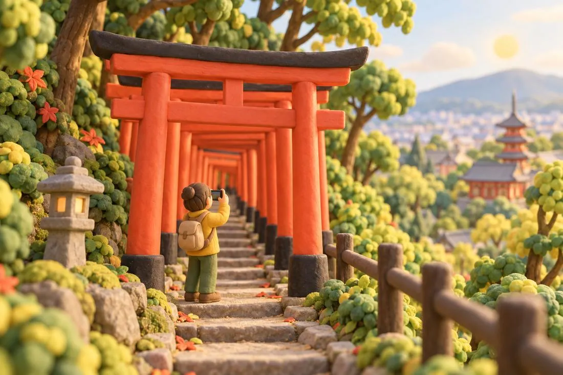 Clay illustration of a traveller in a yellow jacket and green trousers photographing a tunnel of orange torii gates from stone steps, with a stone lantern, round green trees, a wooden fence, a pagoda and hills behind.