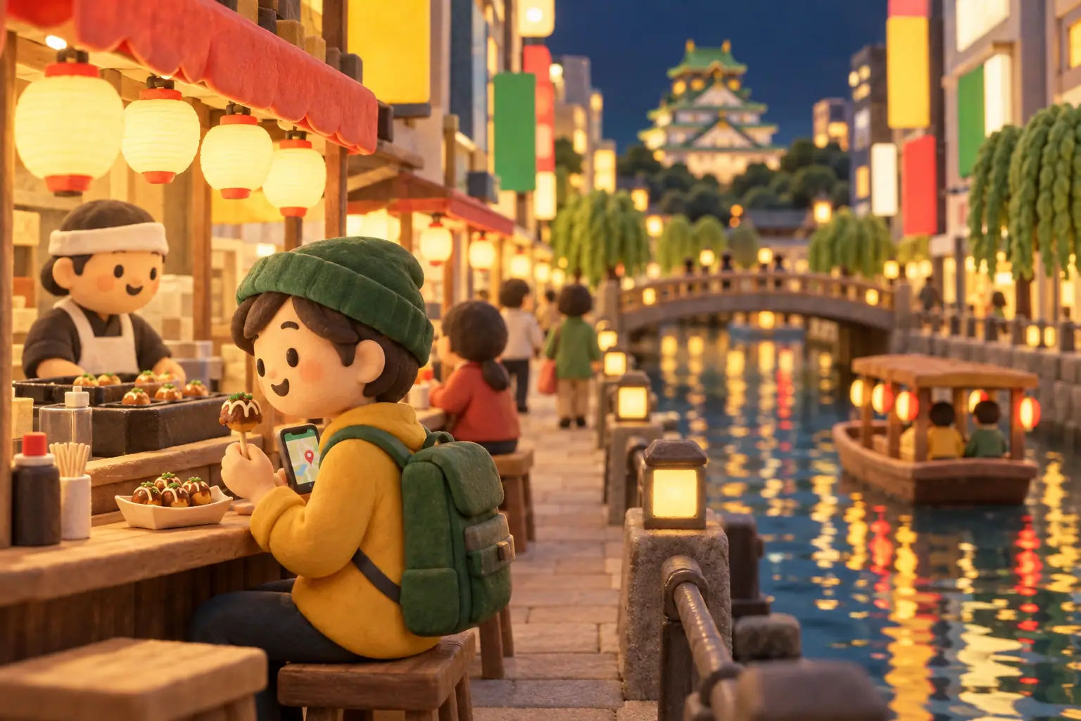 夜の大阪の運河と屋台、スマホを見る旅人を粘土で描いた場面。