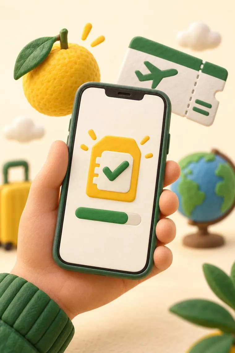 A clay hand holding a phone that shows a ticked SIM card, with a suitcase and a globe behind it