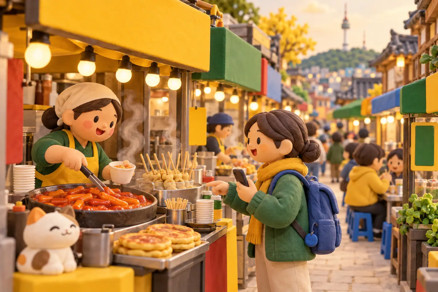 A clay scene of a Seoul street-food alley, with a traveller ordering while holding a phone.