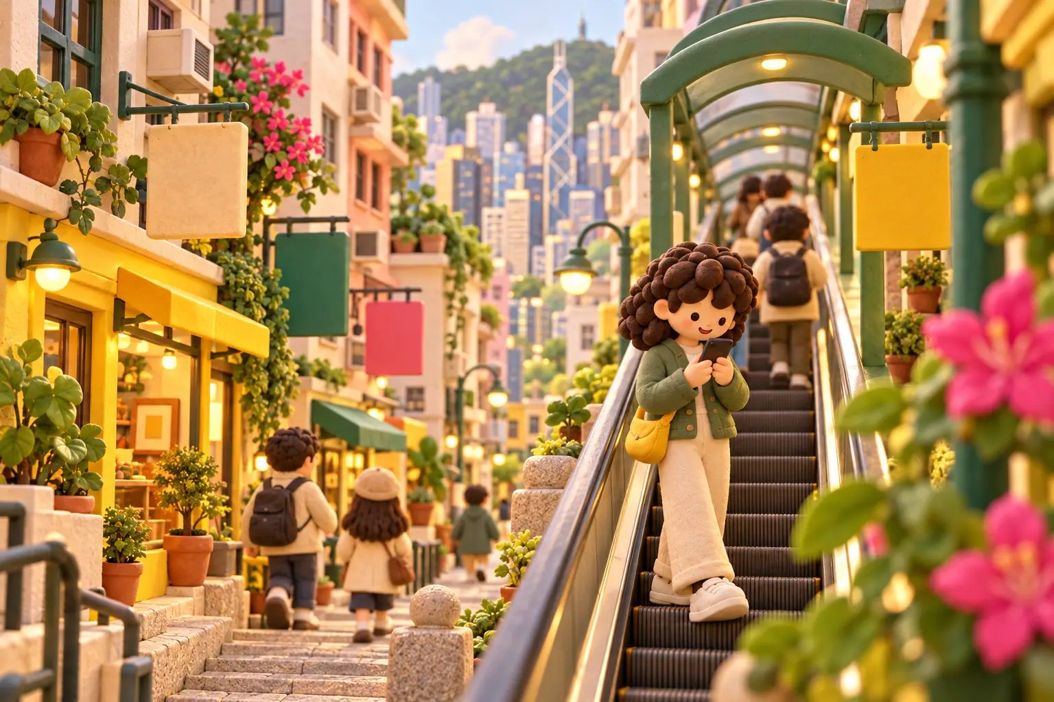 香港ソーホーの路地の粘土の風景:小さな店先の間の屋外エスカレーター。