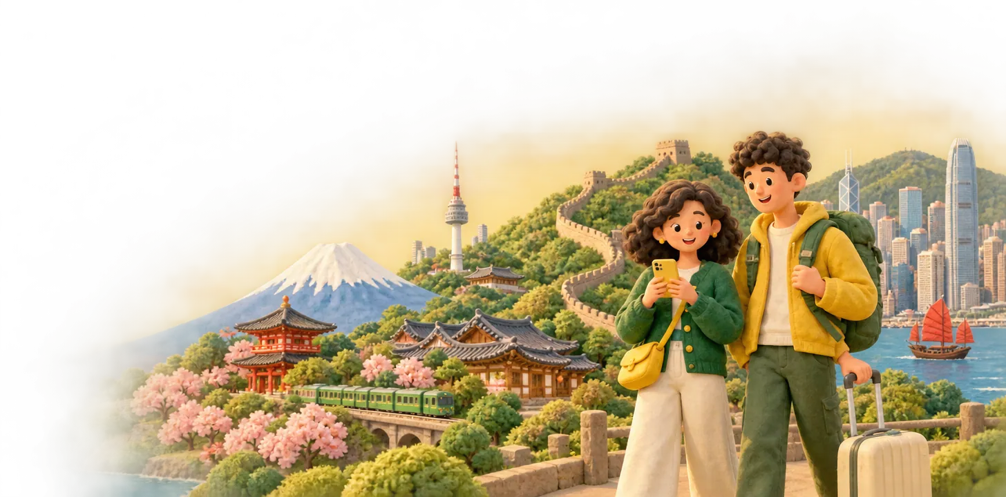 Two clay travellers checking a phone in front of Mount Fuji, a Korean palace, a winding wall and the Hong Kong harbour